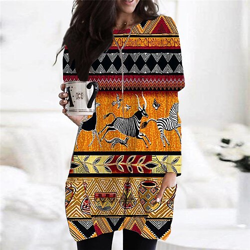 

Women's Shift Dress Casual Dress Short Mini Dress Yellow Long Sleeve Geometric Pocket Print Fall Winter Crew Neck Casual Vacation Vintage Loose 2022 S M L XL XXL 3XL