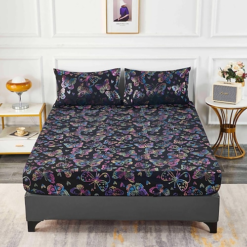 

Premium Hotel Quality 1-Piece Fitted Sheet,Butterfly Pattern Hot Stamping Soft Microfiber High Quality Bedding Fitted,Pocket up to 14inch/35cm, Wrinkle and Fade Resistant