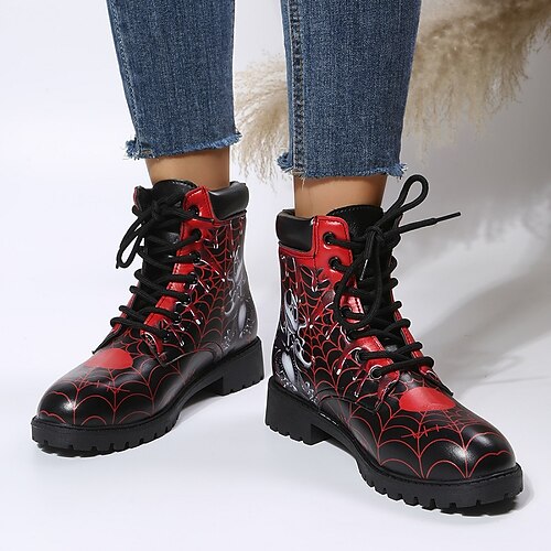

Women's Boots Daily Combat Boots Lace Up Boots Booties Ankle Boots Winter Lace-up Block Heel Round Toe Casual PU Leather Lace-up 3D Black / Red