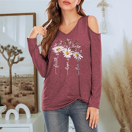 

Women's T shirt Tee Floral Butterfly Daisy Casual Holiday Weekend Floral Painting T shirt Tee Long Sleeve Cut Out Print V Neck Basic Blue Gray Red S