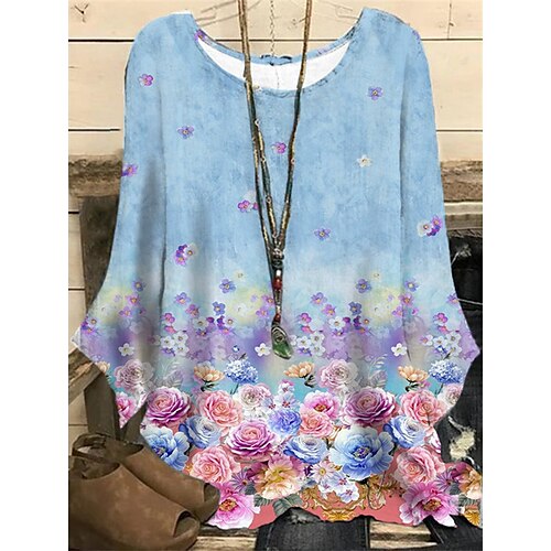 

Women's Plus Size Tops Blouse Shirt Floral Print Long Sleeve Round Neck Casual Boho Daily Vacation Polyester Fall Spring LightBlue