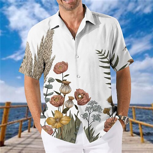 

Men's Shirt Floral Turndown White Short Sleeves 3D Print Outdoor Street Button-Down Print Tops Fashion Designer Casual Breathable / Summer / Spring / Summer