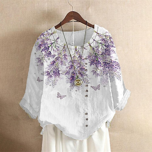 

Women's Plus Size Tops Blouse Shirt Floral Butterfly Button Print Long Sleeve Crewneck Streetwear Daily Going out Polyester Fall Winter Green Blue