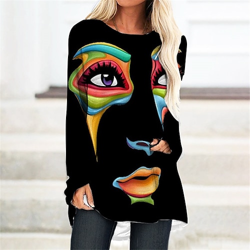 

Women's T Shirt Dress Tee Dress Shift Dress Knee Length Dress White Black Rainbow Long Sleeve Abstract Print Fall Winter Crew Neck Casual Vacation 2022 S M L XL XXL 3XL / Casual Dress