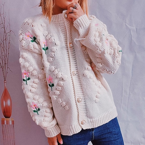 

Women's Cardigan Sweater Jumper Chunky Knit Tunic Embroidered Button Floral Crew Neck Stylish Casual Home Daily Fall Winter Red Beige S M L / Long Sleeve / Loose