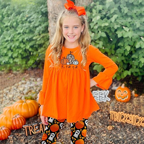 

Kids Girls' Halloween T-shirt Pants Clothing Set 2 Pieces Long Sleeve Yellow Pumpkin Letter Crewneck Ruffle Print Indoor Vacation Outdoor Active Daily Street Style 3-12 Years
