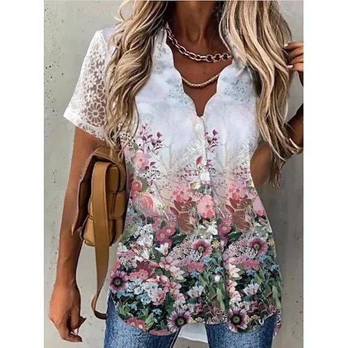 

Women's Blouse Shirt Pink Floral Lace Patchwork Long Sleeve Holiday Weekend Streetwear Casual V Neck Regular Floral S / 3D Print / Print