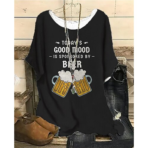 

Women's Plus Size Tops Blouse Shirt Beer Letter Print Short Sleeve Crewneck Streetwear Daily Vacation Polyester Spring Summer Black