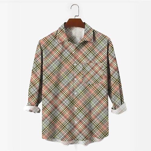 

Men's Shirt 3D Print Plaid Turndown Street Casual Button-Down Print Long Sleeve Tops Casual Fashion Breathable Green
