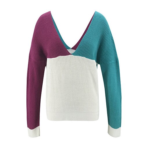 

Women's Pullover Jumper Crochet Knit Open Back Knitted Color Block V Neck Stylish Casual Daily Date Fall Winter White S M L / Cotton / Long Sleeve