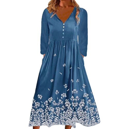 

Women's Casual Dress Midi Dress Green Blue Dark Blue Long Sleeve Floral Ruched Winter Fall Autumn V Neck Winter Dress Weekend Fall Dress Loose Fit M L XL XXL 3XL