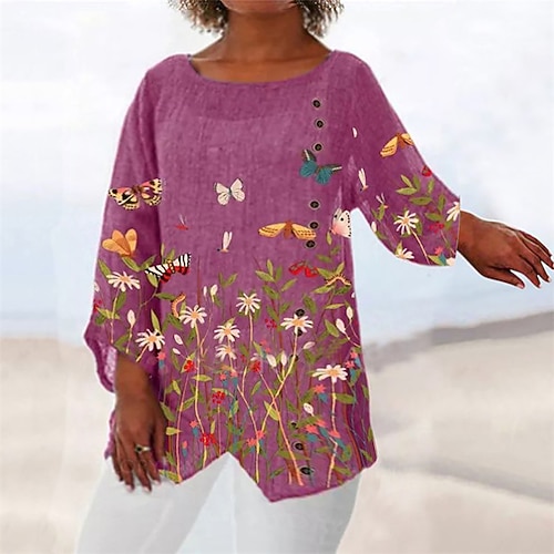 

Women's Plus Size Tops Blouse Floral Butterfly Print Long Sleeve Round Neck Vintage Daily Going out Polyester Fall Winter Green Black