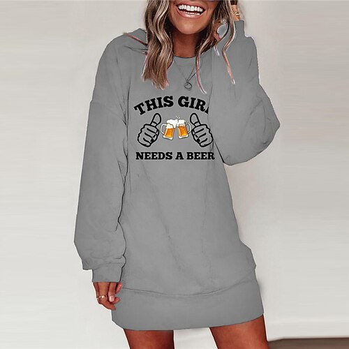 

Women's T Shirt Dress Tee Dress Shift Dress Short Mini Dress Gray Long Sleeve Print Letter Print Fall Winter Round Neck Casual Loose 2022 S M L XL XXL 3XL / Cotton