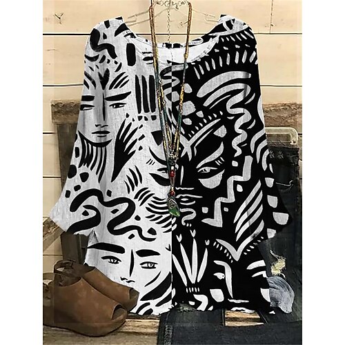 

Women's Plus Size Tops Blouse Shirt Abstract Print Long Sleeve Crewneck Streetwear Daily Vacation Polyester Fall Spring White