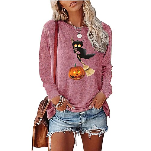 

Women's T shirt Tee Green Blue Pink Pumpkin Print Long Sleeve Halloween Casual Basic Halloween Round Neck Regular Cotton S