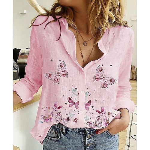 

Mujer Camisa Blusa Rosa Mariposa Botón Estampado Manga Larga Diario Fin de semana Ropa de calle Casual Cuello Camisero Regular Mariposa S