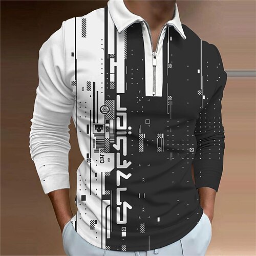 

Men's Collar Polo Shirt Golf Shirt Geometry Turndown Green Blue Pink Black 3D Print Outdoor Street Long Sleeve Zipper Print Clothing Apparel Fashion Designer Casual Breathable
