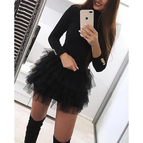 

Women's Party Dress Knee Length Dress Black Long Sleeve Pure Color Zipper Lace Button Spring Summer Stand Collar Strapless Modern 2022 S M L XL