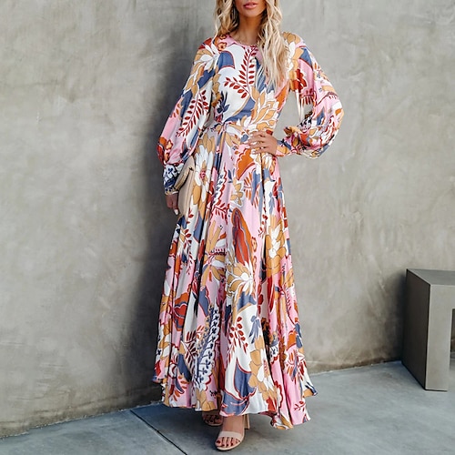

2022 europe and the united states foreign trade amazon ebay summer new hot selling printed round neck long sleeves large swing one-piece long skirt