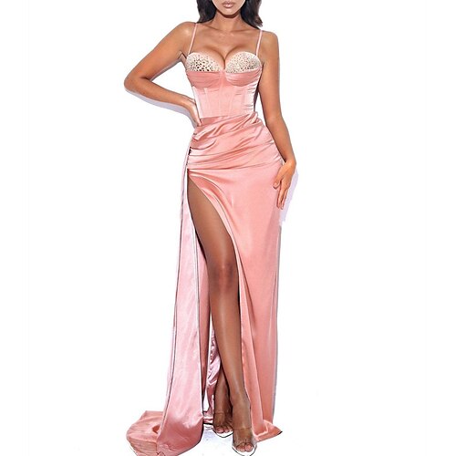 

Mermaid / Trumpet Evening Dresses Sexy Dress Formal Sweep / Brush Train Sleeveless Spaghetti Strap Satin with Crystals Slit 2022