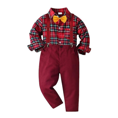 

2 Pieces Kids Boys Shirt & Pants Clothing Set Outfit Plaid Long Sleeve Cotton Set Gentle Fall Spring 2-6 Years Black Wine Navy Blue