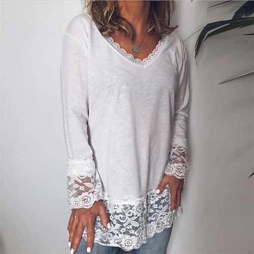 

Women's T shirt Tee Plain Daily Weekend T shirt Tee Long Sleeve Lace Round Neck Basic White L