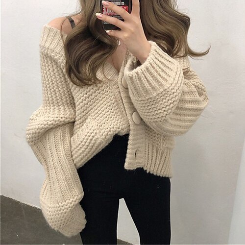 

Women's Cardigan Sweater Jumper Chunky Knit Pocket Knitted Pure Color V Neck Stylish Casual Daily Going out Fall Winter Blue Pink One-Size / Long Sleeve