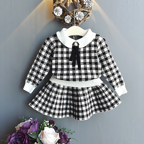 

2 Pieces Kids Girls' SkirtSet Clothing Set Outfit Plaid Long Sleeve Cotton Set Vacation Cute Daily Winter Fall 2-6 Years Black Red