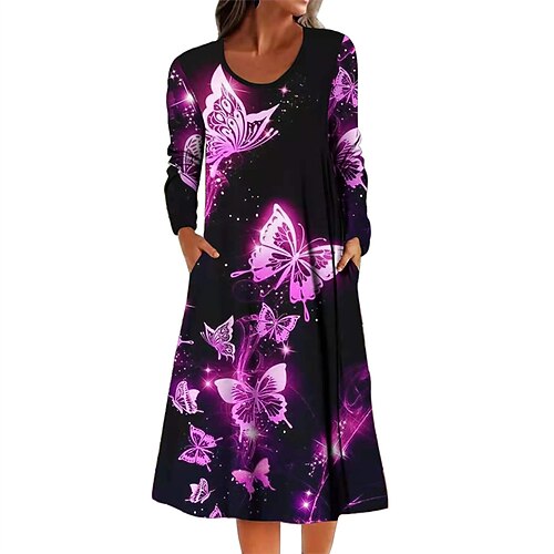 

Women's A Line Dress Midi Dress White Blue Purple Cyan Long Sleeve Floral Butterfly Leopard Pocket Print Fall Winter Round Neck Stylish Casual 2022 S M L XL 2XL 3XL