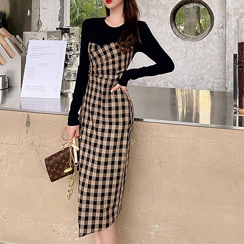 

Women's Bodycon Sheath Dress Knee Length Dress Khaki Long Sleeve Plaid Print Fall Winter Crew Neck Stylish Elegant Mature Slim 2022 S M L XL
