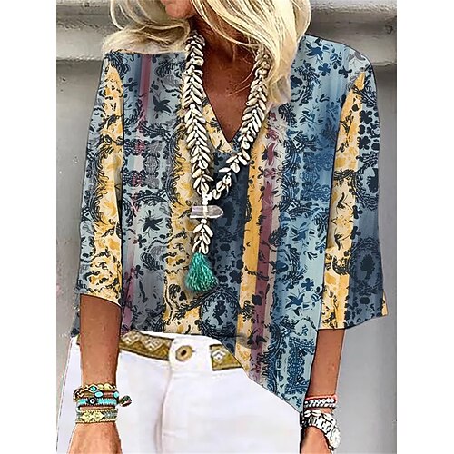

Women's Shirt Floral Striped Casual Daily Floral Shirt 3/4 Length Sleeve Print V Neck Casual Blue S / 3D Print