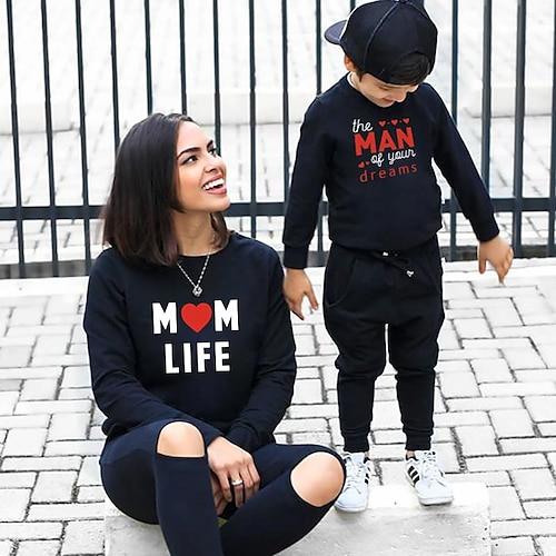 

Mommy and Me Tops Heart Letter Daily Print Black Long Sleeve Basic Matching Outfits
