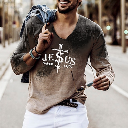 

Men's Unisex T shirt Tee Letter Graphic Prints V Neck Brown Long Sleeve 3D Print Outdoor Street Print Tops Basic Sports Designer Casual