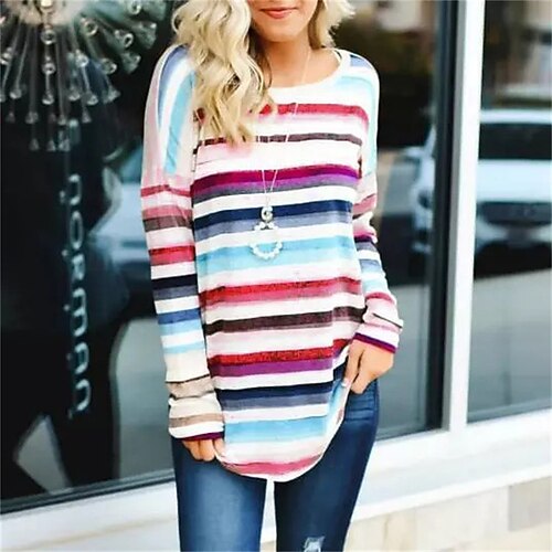 

Women's T shirt Tee Striped Casual Holiday Weekend T shirt Tee Long Sleeve Patchwork Round Neck Basic Blue Red S