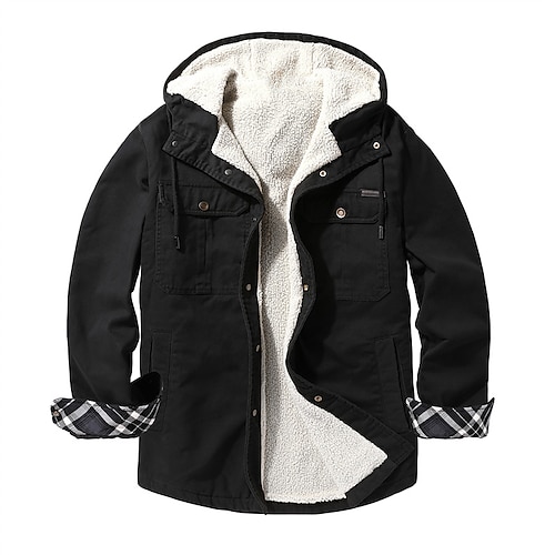 

Men's Winter Jacket Shirt Jacket Winter Coat Sherpa jacket Hoodie Jacket Flannel Jacket Warm Casual Jacket Outerwear Black Khaki Gray