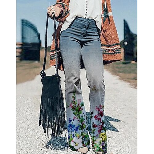 

Women's Chinos Pants Trousers turmeric Green Blue High Waist Casual / Sporty Casual Daily Print Micro-elastic Full Length Flower / Floral S M L XL XXL / Loose Fit