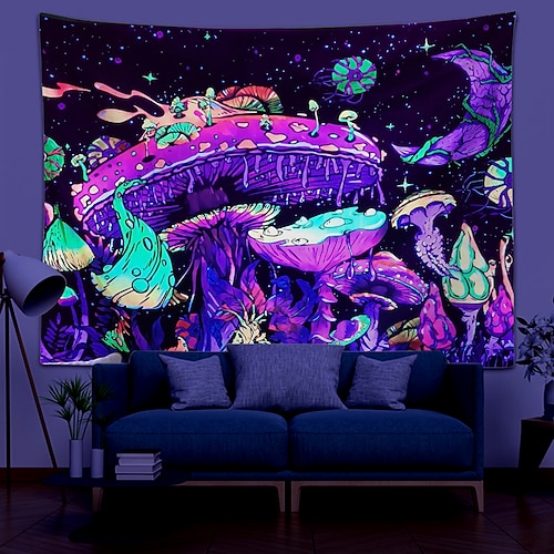 

Blacklight UV Reactive Wall Tapestry Psychedelic Mushroom Room Background Decorative Cloth Hanging