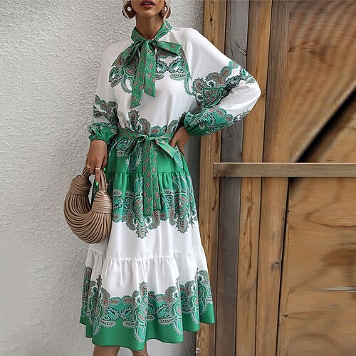 

Women's A Line Dress Swing Dress Midi Dress Green Blue Red Long Sleeve Floral Print Fall Winter Stand Collar Loose 2022 S M L XL