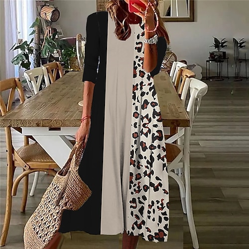 

Women's Casual Dress Shift Dress Midi Dress Khaki 3/4 Length Sleeve Striped Leopard Ruched Print Fall Spring Round Neck Casual Vacation 2022 S M L XL XXL 3XL