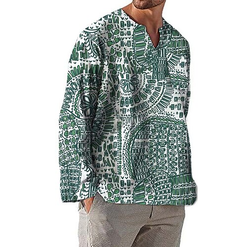 

Men's Shirt 3D Print Graphic Tribal V Neck Street Daily Print Long Sleeve Tops Casual Vintage Classic Slim Fit Green