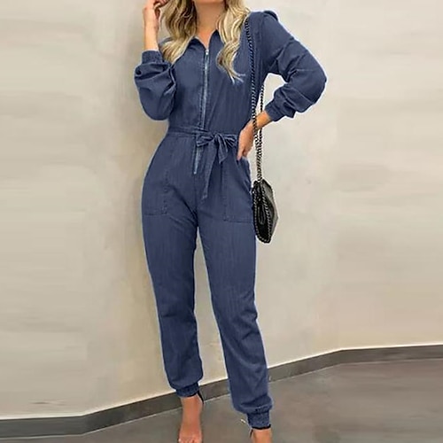 

Women's Jumpsuit Lace up Zipper Solid Color Shirt Collar Casual Street Daily Regular Fit Long Sleeve Blue Navy Blue Light Blue S M L Fall