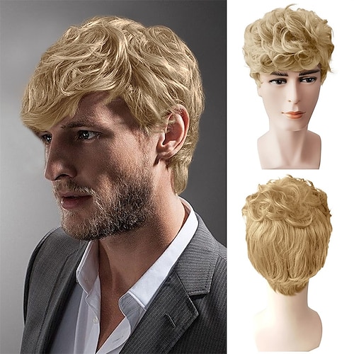 

Wigs Men Blonde Wigs Short Natural Curly Layered Wig Synthetic Halloween Cosplay Costume Wigs for Male Guys