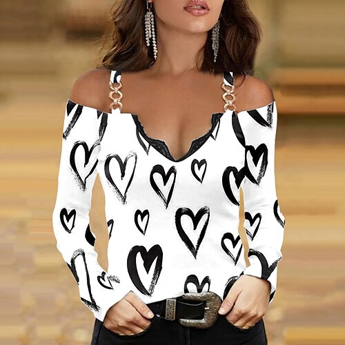 

Women's Blouse Purple Pink Navy Blue Heart Cold Shoulder Print Long Sleeve Casual Weekend Basic Off Shoulder Regular Painting Couple S / 3D Print