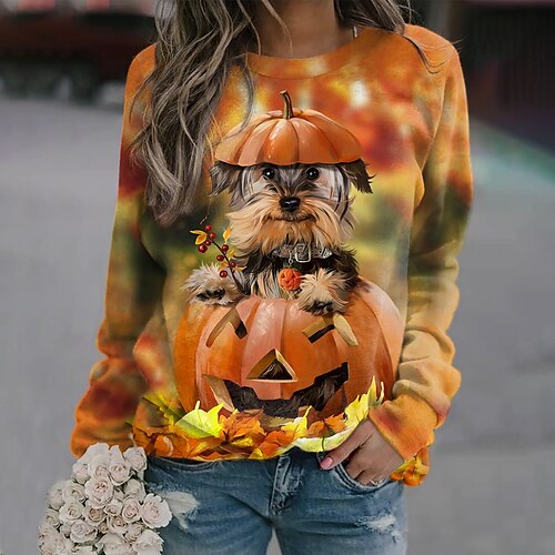 

Sweat shirt Sweat Femme Actif Vêtement de rue Halloween Imprimer Orange Chien Potiron du quotidien Col Rond manche longue S M L XL XXL 3XL