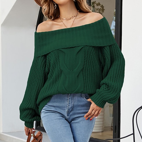 

Women's Pullover Sweater Jumper Cable Chunky Knit Knitted Pure Color Off Shoulder Stylish Casual Daily Holiday Fall Winter Green White S M L / Long Sleeve