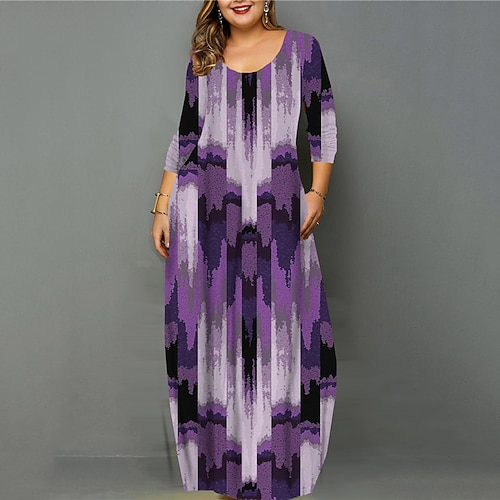 

Women's Plus Size Casual Dress Color Block U Neck Print Long Sleeve Fall Winter Casual Vintage Maxi long Dress Causal Daily Dress / 3D Print