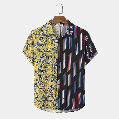 

Men's Shirt 3D Print Floral Striped Turndown Street Casual Button-Down Print Short Sleeves Tops Designer Casual Fashion Breathable Black / Summer