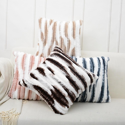 

Faux Fur Plush Pillow Covers Decorative Fuzzy Striped Soft Comfortable Warmth Fluffy Pillowcase for Sofa Couch Bedroom 1PC