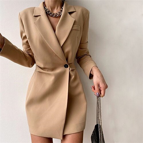 

Women's Blazer Dress Sheath Dress Short Mini Dress Apricot Long Sleeve Pure Color Ruched Fall Winter Shirt Collar Classic Modern 2022 S M L XL