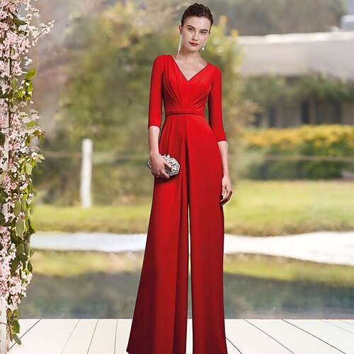 

Jumpsuits Pantsuit Mother of the Bride Dress Elegant V Neck Floor Length Stretch Chiffon Half Sleeve with Sash / Ribbon Ruffles Side-Draped 2022